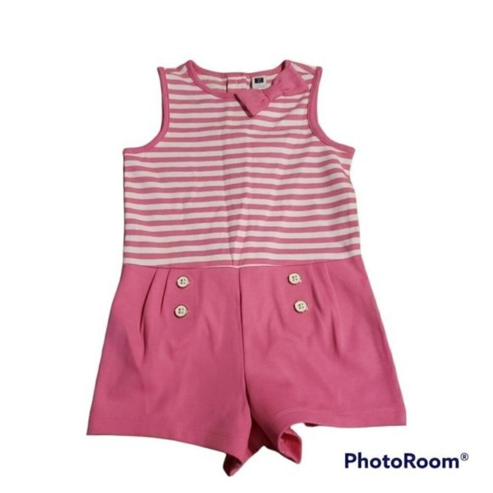 Janie and Jack girls pink romper size 4 Stripes buttons bow shorts New
